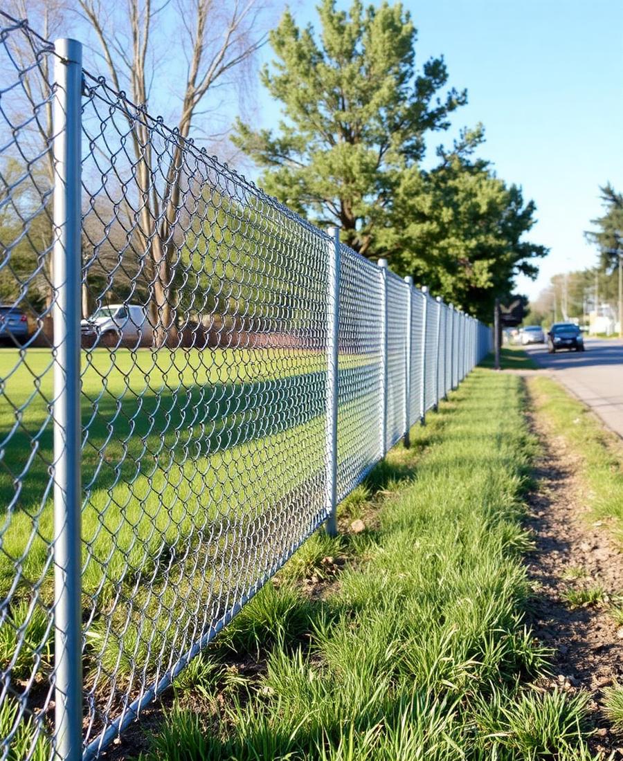 Chain link fence installed along a grass property line