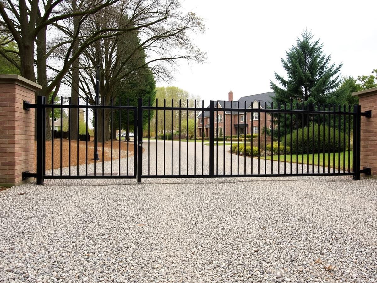 Black metal driveway gate at a property entrance
