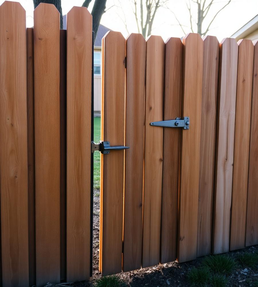 Wooden fence gate with metal hinges between fence sections
