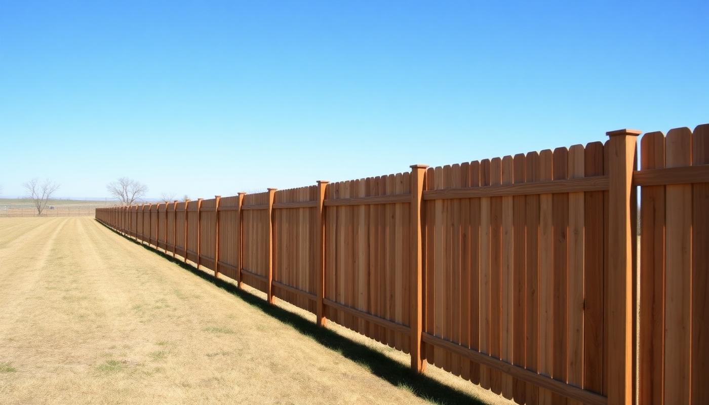 Wooden fence line running the length of an open property
